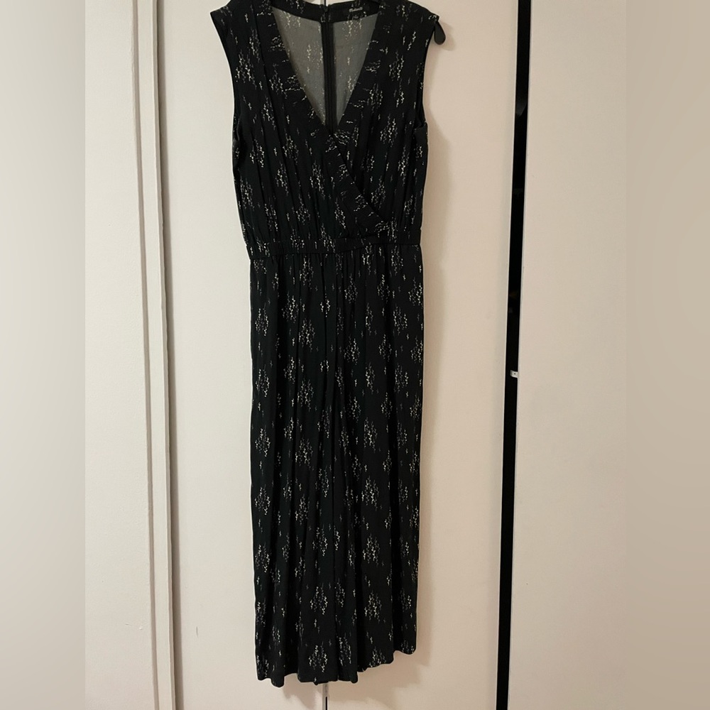 Madewell Black Floral Leaf Print Cross Front Wide Leg Jumpsuit